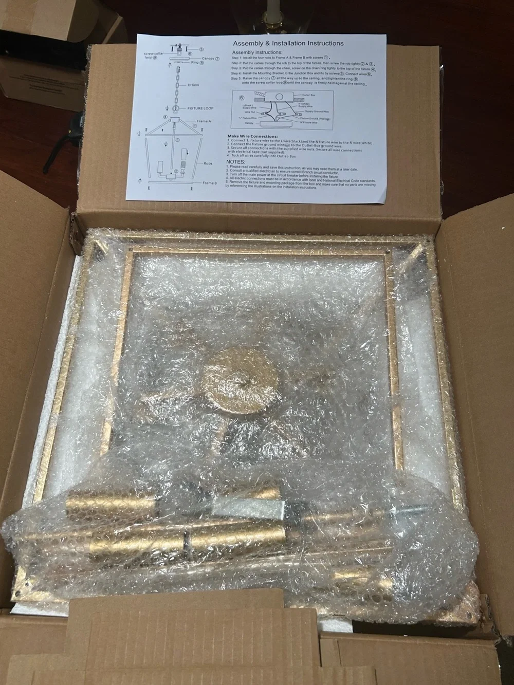 NIB Farmhouse Chandelier Pendant Lighting Gold, 6-Light Openwork Cage Light